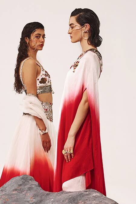 Tisha Saksena_Red Silk, Cotton Satin, Zehal Zardozi Embroidered Ombre Kaftan With Flared Pant _Online_at_Aza_Fashions