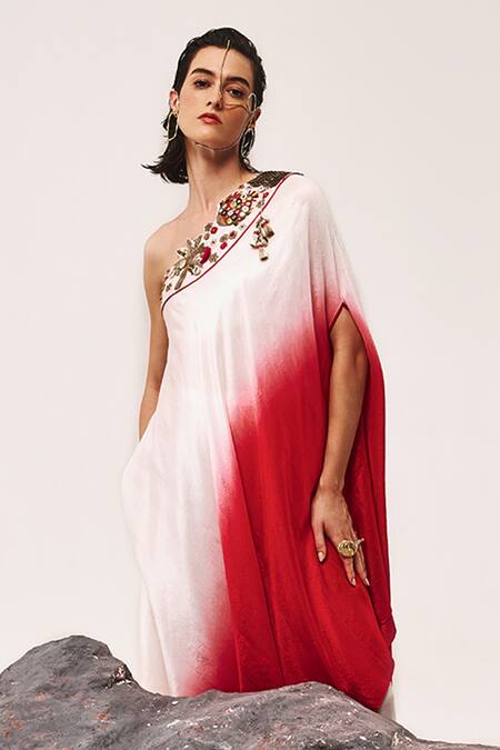 Buy_Tisha Saksena_Red Silk, Cotton Satin, Zehal Zardozi Embroidered Ombre Kaftan With Flared Pant _Online_at_Aza_Fashions