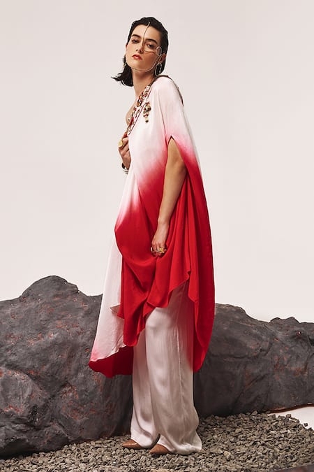 Shop_Tisha Saksena_Red Silk, Cotton Satin, Zehal Zardozi Embroidered Ombre Kaftan With Flared Pant _Online_at_Aza_Fashions