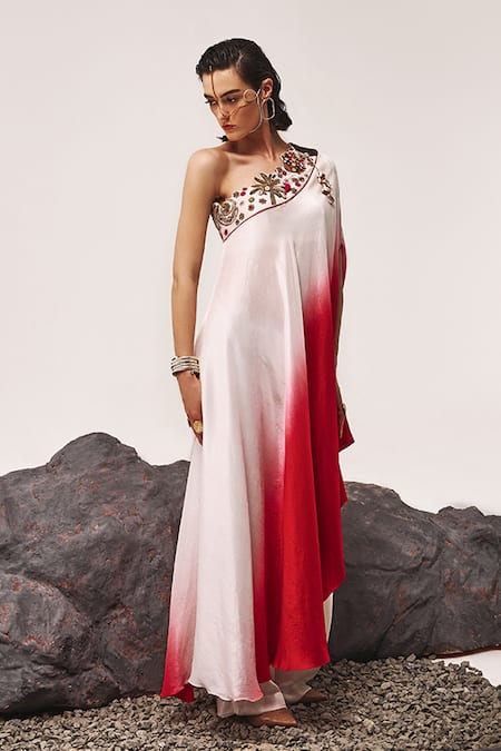 Tisha Saksena_Red Silk, Cotton Satin, Zehal Zardozi Embroidered Ombre Kaftan With Flared Pant _at_Aza_Fashions
