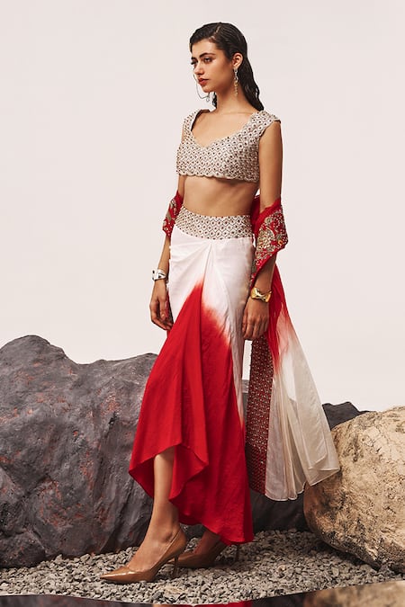 Tisha Saksena Red Skirt Silk Dupion Embroidered Zardozi Scalloped Awadhi Ombre Draped Set 