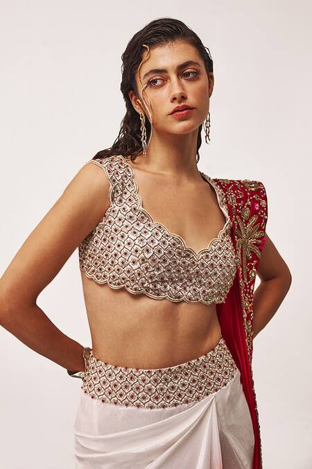 Shop_Tisha Saksena_Red Ramie, , Organza Zari, Awadhi Zardozi Ombre Draped Skirt Set _Online_at_Aza_Fashions