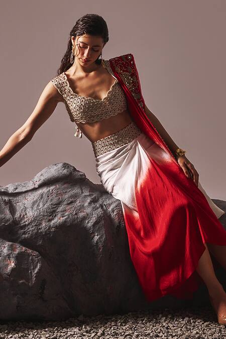 Tisha Saksena_Red Ramie, , Organza Zari, Awadhi Zardozi Ombre Draped Skirt Set _at_Aza_Fashions