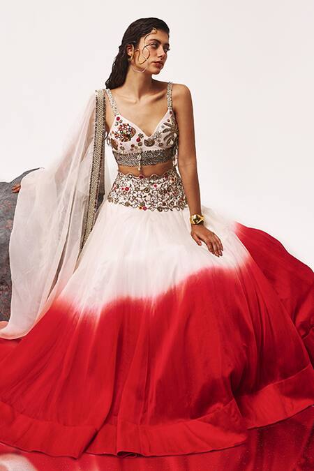 Buy_Tisha Saksena_Red Satin, Organza, , Khusrau Floral Vine Embroidered Ombre Lehenga Set _Online_at_Aza_Fashions