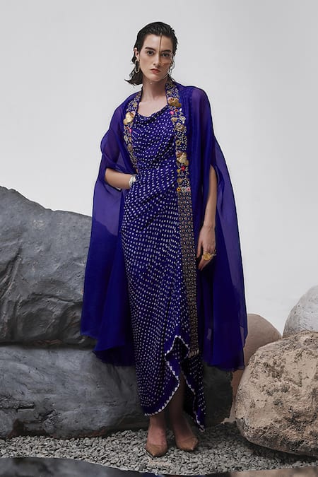 Tisha Saksena Hinai Zardozi Embroidered Cape With Bandhini Dress 