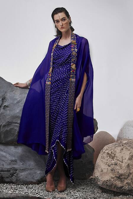 Tisha Saksena_Blue Handloom Cotton, Silk Hinai Zardozi Embroidered Cape With Bandhini Dress _Online_at_Aza_Fashions