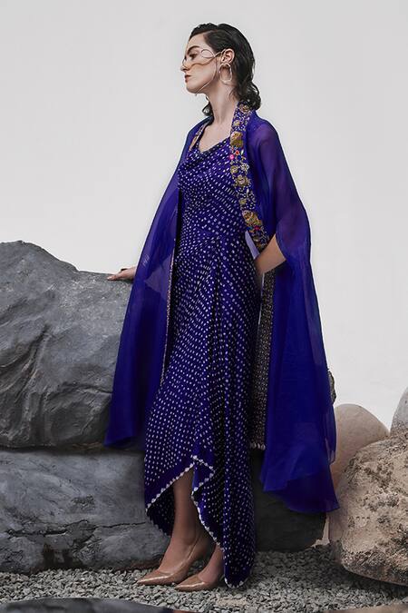 Buy_Tisha Saksena_Blue Handloom Cotton, Silk Hinai Zardozi Embroidered Cape With Bandhini Dress _Online_at_Aza_Fashions