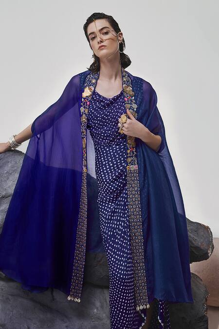 Shop_Tisha Saksena_Blue Handloom Cotton, Silk Hinai Zardozi Embroidered Cape With Bandhini Dress _Online_at_Aza_Fashions