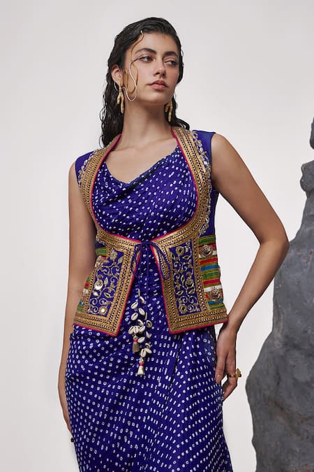 Buy_Tisha Saksena_Blue Handloom Cotton, Devnaagri Zardozi Embroidered Gilet With Bandhini Dress _Online_at_Aza_Fashions