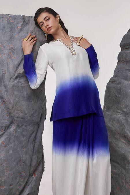 Tisha Saksena_Blue Silk, Viscose, Denim Beads, Sequins Dehlavi Ombre Tunic With Draped Skirt _Online_at_Aza_Fashions