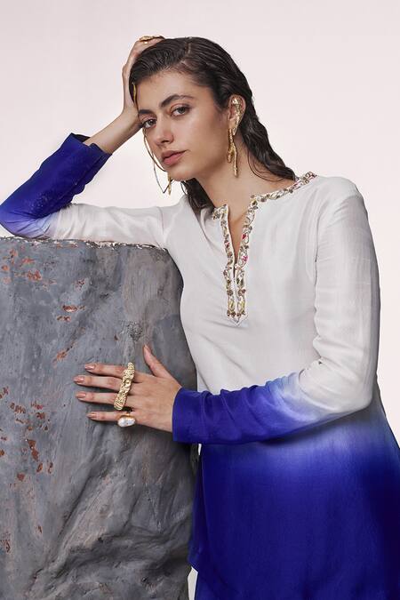 Shop_Tisha Saksena_Blue Silk, Viscose, Denim Beads, Sequins Dehlavi Ombre Tunic With Draped Skirt _Online_at_Aza_Fashions