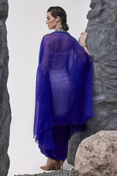 Tisha Saksena Katib Zardozi Embroidered Cape Ombre Draped Skirt Set 