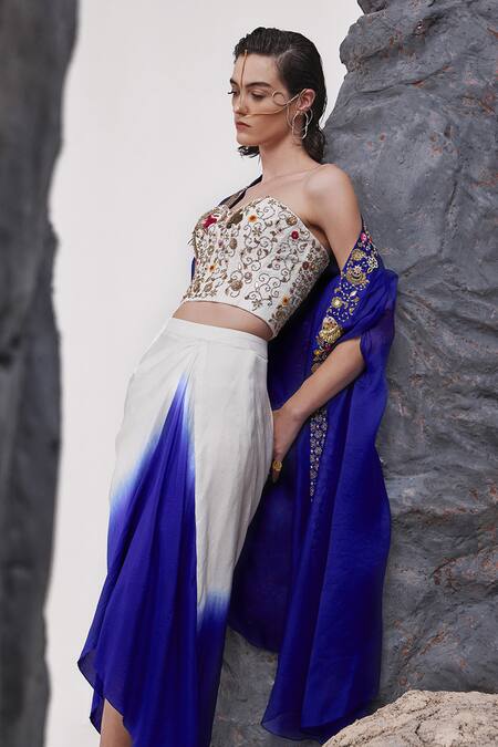Buy_Tisha Saksena_Blue Silk Zari, Beads, Katib Zardozi Embroidered Cape Ombre Draped Skirt Set _Online_at_Aza_Fashions