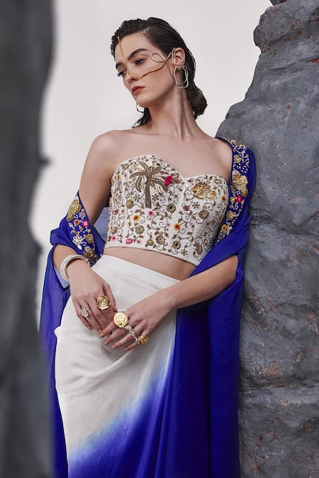 Shop_Tisha Saksena_Blue Silk Zari, Beads, Katib Zardozi Embroidered Cape Ombre Draped Skirt Set _Online_at_Aza_Fashions