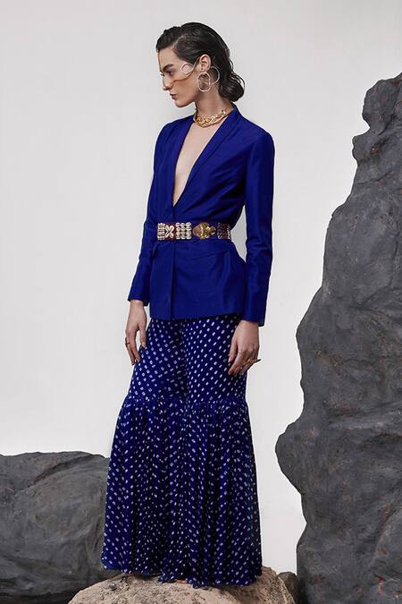 Tisha Saksena_Blue Silk, Handloom Cotton Prakrit Placed Zardozi Embroidered Blazer Gharara Set _Online_at_Aza_Fashions