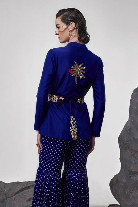 Buy_Tisha Saksena_Blue Silk, Handloom Cotton Prakrit Placed Zardozi Embroidered Blazer Gharara Set _Online_at_Aza_Fashions