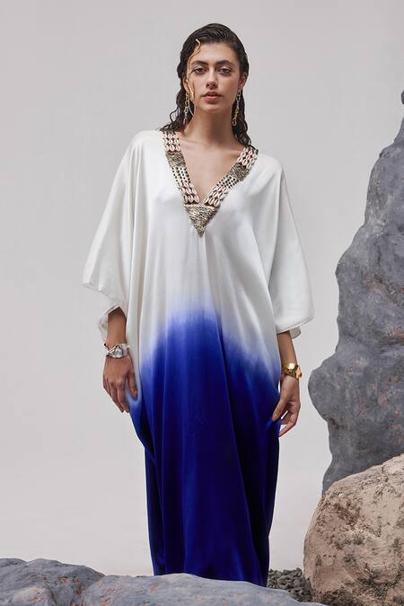 Tisha Saksena_Blue Satin, Silk Beads, Sequins V-neck Nagari Embellished Ombre Kaftan _Online_at_Aza_Fashions