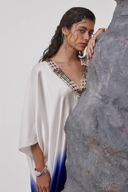 Buy_Tisha Saksena_Blue Satin, Silk Beads, Sequins V-neck Nagari Embellished Ombre Kaftan _Online_at_Aza_Fashions