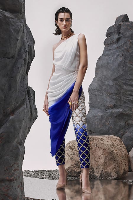 Tisha Saksena Kishwar Ombre Draped Tunic With Embellished Cigarette Pant 