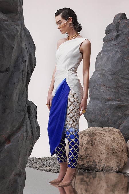 Tisha Saksena_Blue Viscose, Silk Kishwar Ombre Draped Tunic With Embellished Cigarette Pant _Online_at_Aza_Fashions