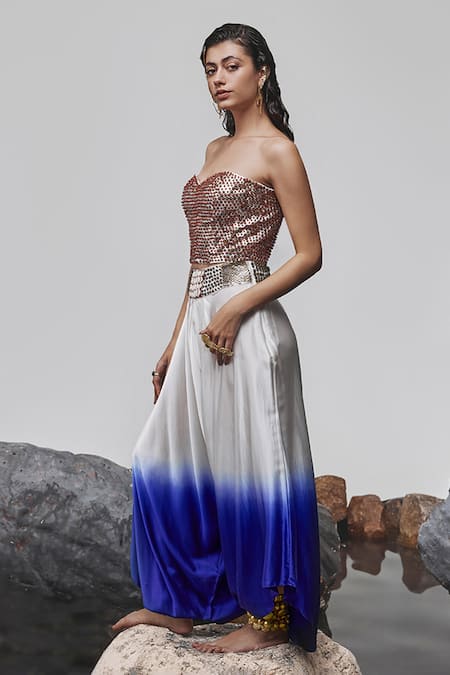 Tisha Saksena Blue Silk, Cotton, Satin Beads, Eliya Ombre Harem Pant With Embellished Corset Online at Aza Fashions Tisha Saksena_Blue Silk, Cotton, Satin Beads, Eliya Ombre Harem Pant With Embellished Corset _Online_at_Aza_Fashions