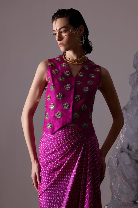 Buy Tisha Saksena Pink Silk, Handloom Faraz Embellished Waistcoat With Bandhini Draped Skirt Online at Aza Fashions Buy_Tisha Saksena_Pink Silk, Handloom Faraz Embellished Waistcoat With Bandhini Draped Skirt _Online_at_Aza_Fashions