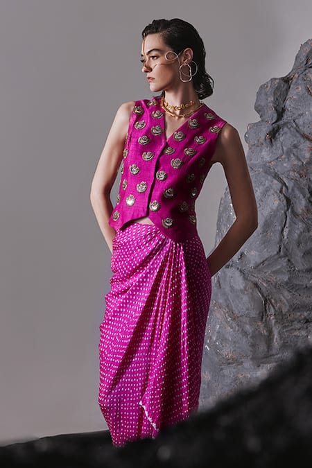 Shop Tisha Saksena Pink Silk, Handloom Faraz Embellished Waistcoat With Bandhini Draped Skirt Online at Aza Fashions Shop_Tisha Saksena_Pink Silk, Handloom Faraz Embellished Waistcoat With Bandhini Draped Skirt _Online_at_Aza_Fashions