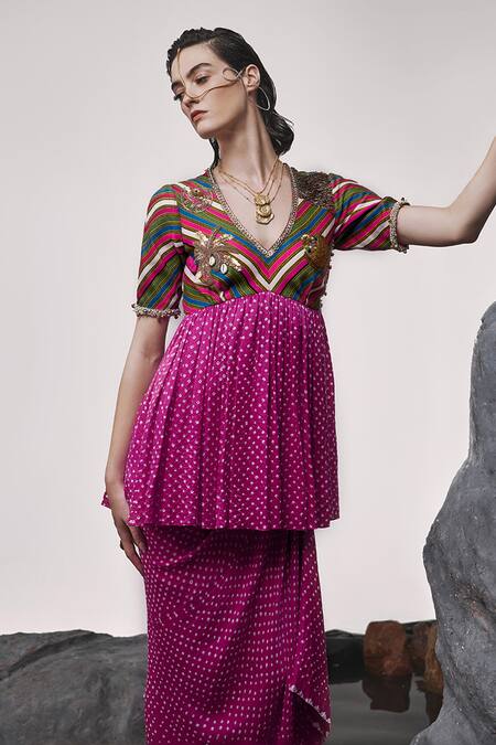 Tisha Saksena_Pink Handloom Cotton, Viscose Mirza Zardozi Peplum Tunic With Draped Skirt _Online_at_Aza_Fashions