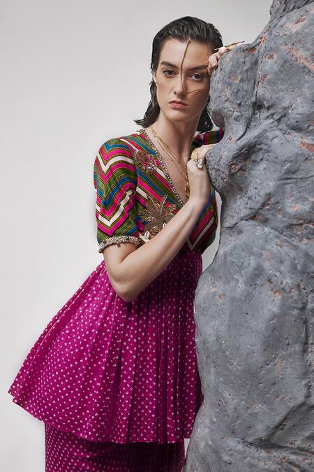 Buy_Tisha Saksena_Pink Handloom Cotton, Viscose Mirza Zardozi Peplum Tunic With Draped Skirt _Online_at_Aza_Fashions