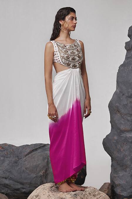 Tisha Saksena_Pink Silk Embroidery Round Neck Ada Zardozi Cut-out Ombre Dress _Online_at_Aza_Fashions