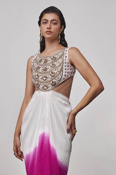 Buy_Tisha Saksena_Pink Silk Embroidery Round Neck Ada Zardozi Cut-out Ombre Dress _Online_at_Aza_Fashions