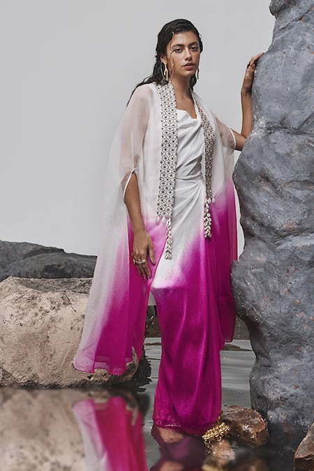 Buy_Tisha Saksena_Pink Organza, Viscose, Crepe, Firaq Ombre Embroidered Cape With Dress _Online_at_Aza_Fashions