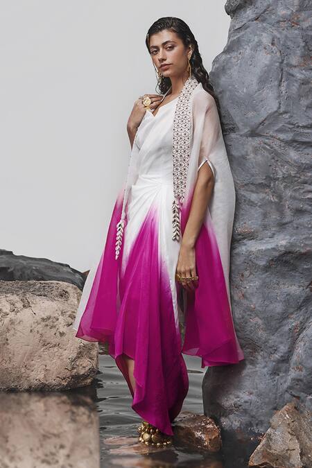 Shop_Tisha Saksena_Pink Organza, Viscose, Crepe, Firaq Ombre Embroidered Cape With Dress _Online_at_Aza_Fashions