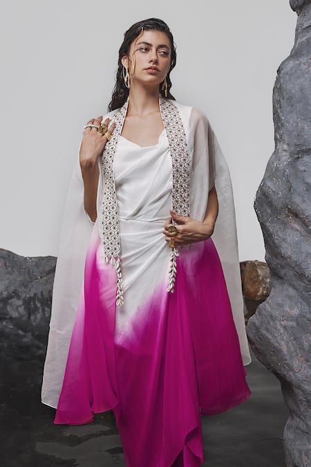 Tisha Saksena_Pink Organza, Viscose, Crepe, Firaq Ombre Embroidered Cape With Dress _at_Aza_Fashions