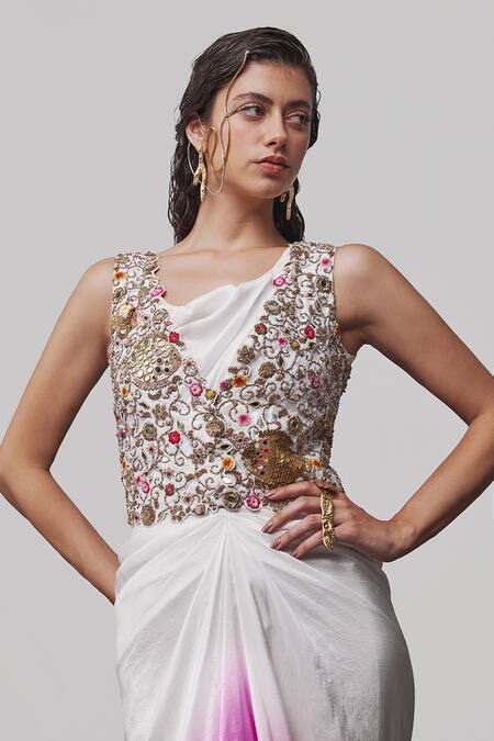 Tisha Saksena_Pink Silk, Viscose Beads, Nida Zardozi Embroidered Gilet With Ombre Dress _Online_at_Aza_Fashions