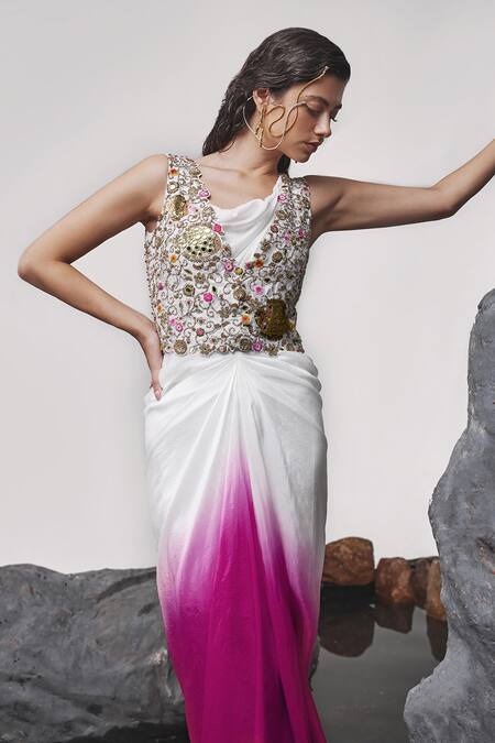 Buy_Tisha Saksena_Pink Silk, Viscose Beads, Nida Zardozi Embroidered Gilet With Ombre Dress _Online_at_Aza_Fashions