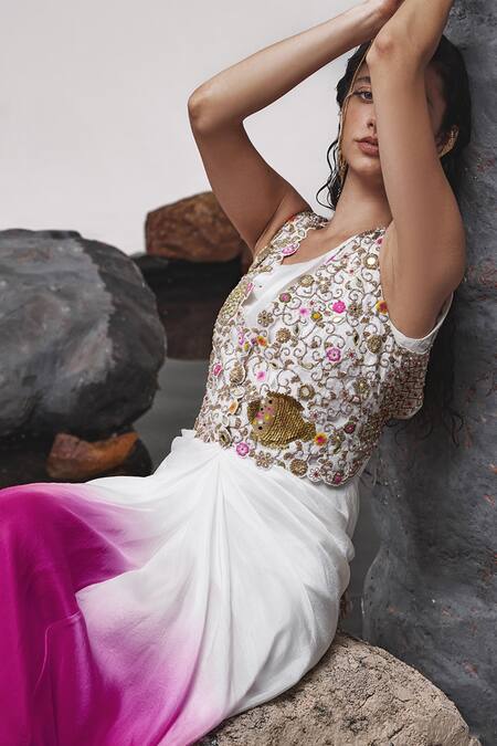 Shop_Tisha Saksena_Pink Silk, Viscose Beads, Nida Zardozi Embroidered Gilet With Ombre Dress _Online_at_Aza_Fashions