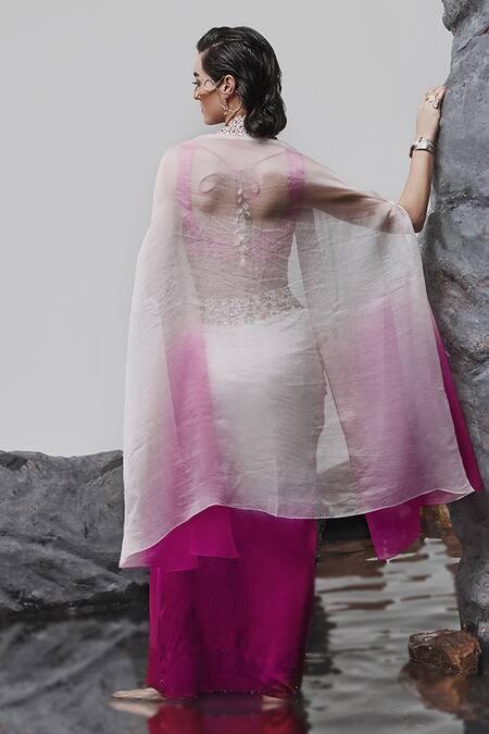 Tisha Saksena Iman Zardozi Embroidered Ombre Cape Draped Skirt Set 