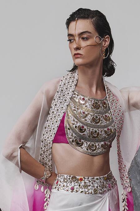 Tisha Saksena_Pink Silk Organza, Viscose, Iman Zardozi Embroidered Ombre Cape Draped Skirt Set _Online_at_Aza_Fashions