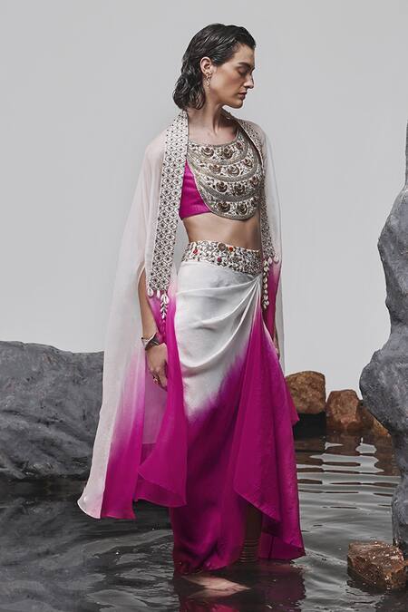 Buy_Tisha Saksena_Pink Silk Organza, Viscose, Iman Zardozi Embroidered Ombre Cape Draped Skirt Set _Online_at_Aza_Fashions