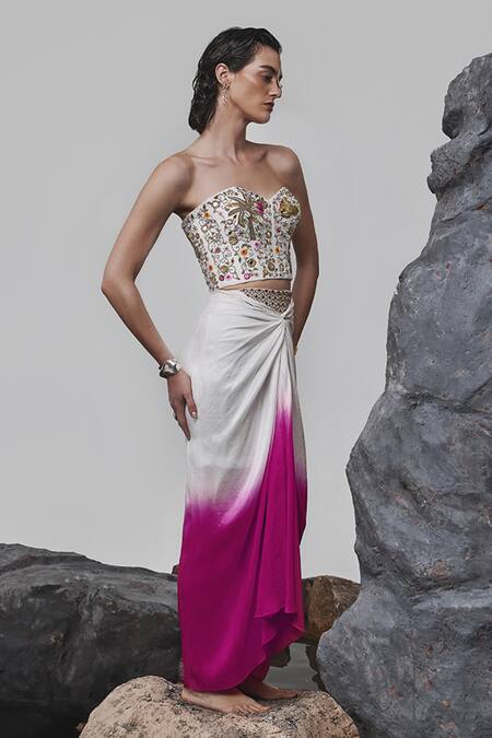 Tisha Saksena_Pink Silk Sequins, Beads, Hasrat Embroidered Corset With Ombre Draped Skirt _Online_at_Aza_Fashions