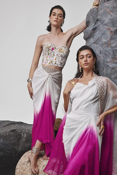 Shop_Tisha Saksena_Pink Silk Sequins, Beads, Hasrat Embroidered Corset With Ombre Draped Skirt _Online_at_Aza_Fashions