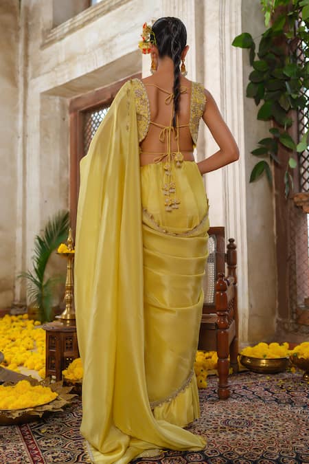 Shop_Anu Pellakuru_Yellow Tissue, Silk, Crepe, Satin Pearls, Cut Work, Zari, Saree With Blouse _at_Aza_Fashions