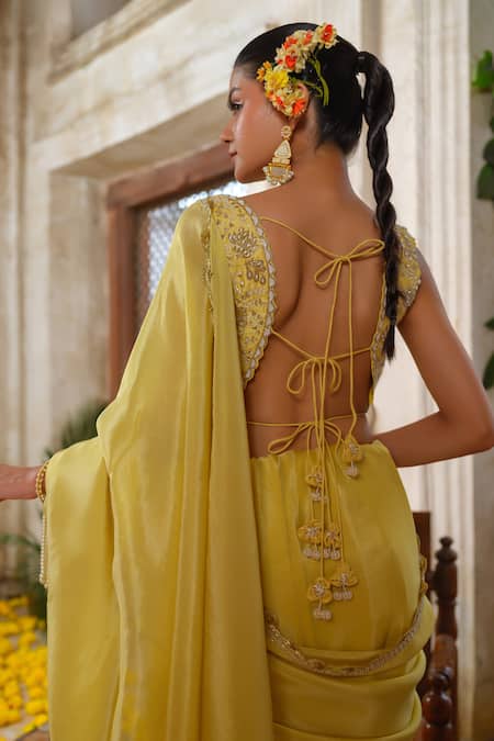 Anu Pellakuru_Yellow Tissue, Silk, Crepe, Satin Pearls, Cut Work, Zari, Saree With Blouse _Online_at_Aza_Fashions