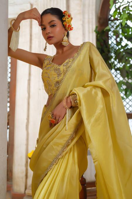 Buy_Anu Pellakuru_Yellow Tissue, Silk, Crepe, Satin Pearls, Cut Work, Zari, Saree With Blouse _Online_at_Aza_Fashions