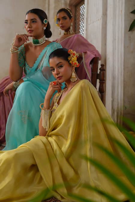 Shop_Anu Pellakuru_Yellow Tissue, Silk, Crepe, Satin Pearls, Cut Work, Zari, Saree With Blouse _Online_at_Aza_Fashions