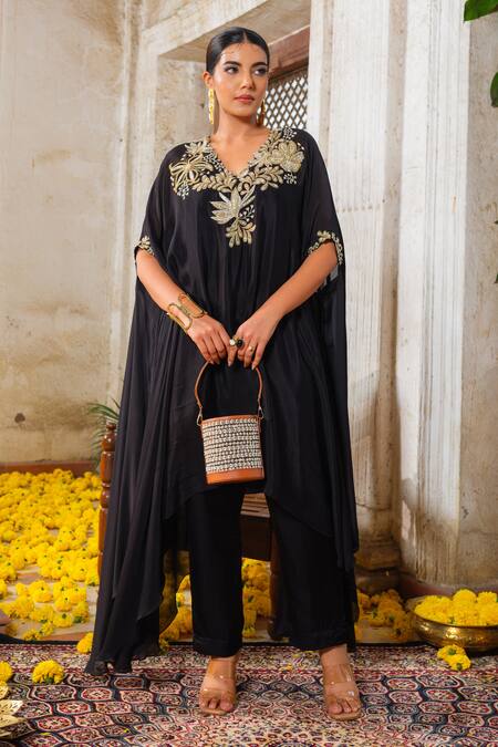 Anu Pellakuru_Black Crepe, Chiffon, Silk And Glass Bead Embroidered Kaftan Tunic Pant Set _Online_at_Aza_Fashions