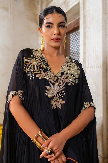 Shop_Anu Pellakuru_Black Crepe, Chiffon, Silk And Glass Bead Embroidered Kaftan Tunic Pant Set _Online_at_Aza_Fashions