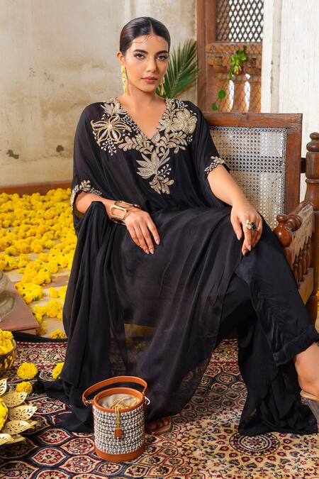 Anu Pellakuru_Black Crepe, Chiffon, Silk And Glass Bead Embroidered Kaftan Tunic Pant Set _at_Aza_Fashions