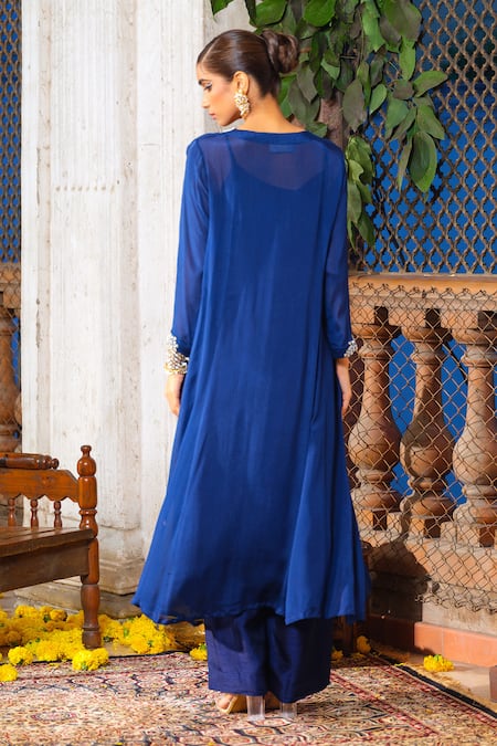 Shop_Anu Pellakuru_Blue Chiffon, Crepe, Faux Leather, Silk Glass And Embroidered Tunic Pant Set _at_Aza_Fashions